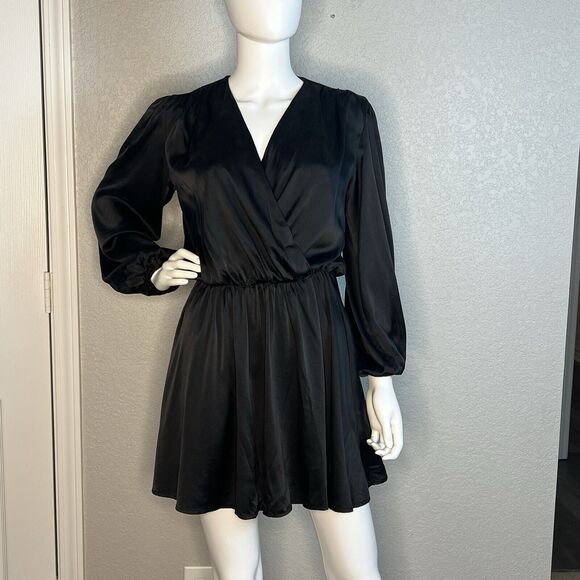 Taylor Tillman Size XS Black Berk Silk Faux Wrap Mini Dress Balloon Sleeve - Picture 2 of 9